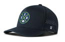 The Haka Hat Seattle Football Performance 5-Panel Hat features a navy round logo with green and blue crossed lines, “SEA” letters, and a small football. Includes side ventilation holes and a Flexfit® sweatband for comfort.