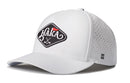 White Haka Hat HAKA Golf Performance 5-Panel Hat featuring perforated side panels and a black diamond-shaped patch with white text, a red flag, and crossed golf clubs.