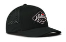 Black Haka Hat HAKA Golf Performance 5-Panel Hat featuring a perforated back and a diamond-shaped patch with the word HAKA and crossed golf clubs.