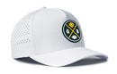 The Haka Hat Green Bay Football Performance 5-Panel Hat | GB X Cheese Flexfit® Snapback features a white design with a round patch showing crossed yellow lines, a cheese wedge, football, and "G" & "B" in green/yellow, plus side ventilation holes.