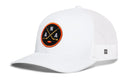 White Haka Hat Anaheim Hockey Trucker Hat | ANA X Snapback featuring a circular ANA X embroidered patch with crossed hockey sticks, a puck, and the letters N, A, and A.