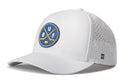 Introducing the Haka Hat Buffalo Hockey Performance 5-Panel Hat | BUF X Flexfit Snapback—a white Haka Hat featuring a round hockey-themed logo in blue, yellow, and white with the letters U, B, and F above two crossed hockey sticks. Designed for comfort, this Buffalo hockey hat includes perforated side panels and a curved brim.