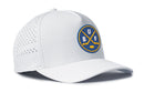 Introducing the Haka Hat Buffalo Hockey Performance 5-Panel Hat | BUF X Flexfit Snapback by Haka Hat—a white performance hockey hat featuring a round blue and yellow logo with two crossed hockey sticks and the letters U, B, and F. Designed as a Buffalo hockey hat, this Flexfit snapback cap also offers convenient ventilation holes on the sides for enhanced comfort.