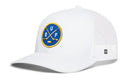 Haka Hat Buffalo Hockey Trucker Hat | BUF X snapback featuring a blue and yellow circular patch on the front with crossed hockey sticks, a puck, and the letters B, U, and F.