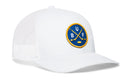 Haka Hat Buffalo Hockey Trucker Hat | BUF X snapback featuring a white trucker hat with a blue circular patch containing two crossed yellow hockey sticks, a yellow puck, and the letters B, U, and F.