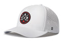 The Haka Hat Carolina Hockey Performance 5-Panel Hat features a stylish white design with a round black and red patch on the front, showcasing crossed hockey sticks and the letters C, A, and R. This Flexfit snapback by Haka Hat also includes small ventilation holes on the sides, offering optimal comfort and style for any Carolina hockey fan.