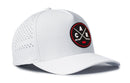 Introducing the Haka Hat Carolina Hockey Performance 5-Panel Hat in white—a Flexfit snapback featuring a round black and red patch with two crossed hockey sticks, the letters “C” and “A,” and a puck below. The perfect hat to show your Carolina hockey pride.