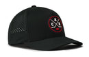 The Haka Hat Carolina Hockey Performance 5-Panel Hat in black features a circular logo with crossed hockey sticks and the letters C, A, and R on the front. This Flexfit snapback from Haka Hat includes small perforated holes on the side panels for enhanced ventilation.