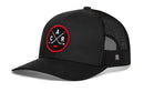 The Haka Hat Carolina Hockey Trucker Hat | Black CAR X Snapback by Haka Hat features a black mesh-back trucker design with a round red and black patch on the front showcasing two crossed hockey sticks, a puck, and the letters C, A, and R—making it the perfect Carolina Hockey Trucker Hat for North Carolina hockey fans.