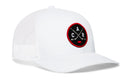Show your team spirit with the Haka Hat Carolina Hockey Trucker Hat | Black CAR X Snapback—this white mesh trucker hat features a round black and red patch on the front with crossed hockey sticks, “C” and “A” letters, and a small red dot at the bottom—making it the perfect authentic accessory for any fan.