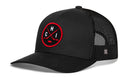 Introducing the Haka Hat Chicago Hockey Trucker Hat | CHI X Snapback by Haka Hat—a black mesh trucker hat featuring a curved brim and a round, black and red embroidered patch on the front with crossed hockey sticks, a puck, and the letters C, H, and I in red, white, and black. With its signature 5.0 trucker design and side mesh panel for breathability, this snapback is perfect for any Chicago hockey fan.