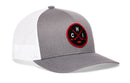 The Haka Hat Chicago Hockey Trucker Hat | CHI X Snapback by Haka Hat is a gray and white signature 5.0 trucker featuring a bold black and red embroidered patch on the front with two crossed hockey sticks, a puck, and the letters C H I—a true Chicago hockey trucker hat.