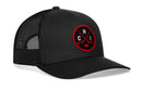 The Haka Hat Chicago Hockey Trucker Hat | CHI X Snapback by Haka Hat showcases black mesh with a curved bill and a striking black and red embroidered patch on the front, featuring two crossed hockey sticks, a puck, and the letters C, H, and I—a must-have Chicago hockey trucker hat for every fan.