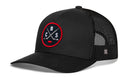 Haka Hat Columbus Hockey Trucker Hat | CBS X Snapback by Haka Hat features a black mesh trucker snapback design with side mesh panels, a slightly curved bill, and a red circular embroidered CBS X patch on the front showcasing crossed hockey sticks and the letters C, B, and S.
