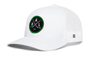 The Haka Hat Dallas Hockey Trucker Hat | DAL X Snapback is a white mesh-back trucker cap with a snapback closure, featuring a round green and black patch with crossed hockey sticks and the letters D, A, and L. Designed for fans, this Haka Hat also includes a small woven tag with the brand’s geometric logo on the side.