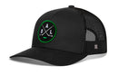 Introducing the Haka Hat Dallas Hockey Trucker Hat | DAL X Snapback—a stylish black mesh snapback from Haka Hat featuring a green and white round patch with crossed hockey sticks and the letters D, A, and L. The solid black front pairs with breathable mesh sides and back, making this Dallas hockey hat both fashionable and comfortable.