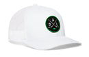 Introducing the Haka Hat Dallas Hockey Trucker Hat | DAL X Snapback—a white mesh trucker snapback from Haka Hat, featuring a round black and green DAL X embroidered patch with two crossed hockey sticks and the letters D, A, and L on the front. The perfect Dallas hockey hat for any fan.