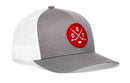 Grey and white Haka Hat Detroit Hockey Trucker Hat featuring a round red patch with crossed hockey sticks, a puck, and the letters DET.