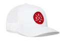 White Haka Hat Detroit Hockey Trucker Hat - DET X Snapback featuring a red circular patch with two crossed hockey sticks and the letters DET.
