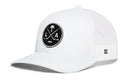 White Haka Hat Los Angeles Hockey Trucker Hat featuring a black circular patch with crossed hockey sticks, a palm tree, a puck, and the letters L and A.