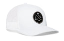 White Haka Hat Los Angeles Hockey Trucker Hat with a mesh back and a round LA X patch featuring crossed hockey sticks, a palm tree, and a puck.