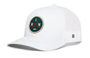 The Haka Hat Minnesota Hockey Trucker Hat | MIN X Snapback features a white mesh design and a green patch adorned with two crossed red hockey sticks, a yellow puck, and the letters M and N—making it the perfect choice for fans eager to show off their Minnesota hockey pride in style.
