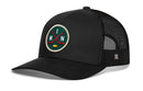The Haka Hat Minnesota Hockey Trucker Hat | MIN X Snapback by Haka Hat features a black mesh trucker style with a round green patch adorned with two crossed red hockey sticks, a yellow puck, and the letters M I N. This hat is perfect for showcasing your Minnesota pride and classic hockey style, both on and off the rink.