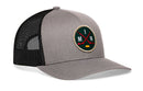 Show off your Minnesota hockey pride in style with the Haka Hat Minnesota Hockey Trucker Hat | MIN X Snapback by Haka Hat—a classic gray and black trucker featuring a round front patch with crossed red hockey sticks, a puck, and the letters M, I, N.