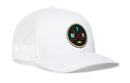 The Haka Hat Minnesota Hockey Trucker Hat (MIN X Snapback) by Haka Hat is a white mesh baseball cap featuring a circular patch with two crossed red hockey sticks, a yellow puck, and the letters M and N on a dark green background.