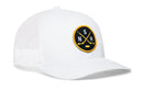 Introducing the Haka Hat Nashville Hockey Trucker Hat | NSH X Snapback by Haka Hat. This white mesh snapback features a black and yellow circular patch on the front, displaying crossed hockey sticks, a puck, and the letters S and N. Designed in a classic trucker style as part of the Haka signature 5.0 collection, it’s perfect for dedicated fans seeking both everyday comfort and standout style.