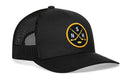 The Haka Hat Nashville Hockey Trucker Hat | NSH X Snapback by Haka Hat features a classic black mesh snapback design, highlighted with a round embroidered patch on the front panel displaying crossed yellow hockey sticks, a puck, and the letters S, N, H—making it the perfect choice for fans seeking that iconic Nashville hockey trucker hat style.