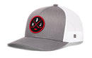 The Haka Hat New Jersey Hockey Trucker Hat | NJ X Snapback by Haka Hat is a gray and white mesh 5.0 trucker cap featuring a bold red and black circular NJ logo with crossed hockey sticks on the front, plus a classic snapback closure for adjustable comfort.