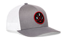 The Haka Hat New Jersey Hockey Trucker Hat | NJ X Snapback by Haka Hat features a stylish gray and white mesh design with a red and black circular patch displaying crossed hockey sticks, the letters N and J, and a small New Jersey silhouette above the sticks. This 5.0 trucker snapback combines classic style with adjustable comfort—perfect for every hockey fan.