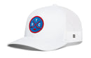 The Haka Hat New York Hockey Trucker Hat | NYC X Snapback from Haka Hat is a white mesh snapback trucker hat featuring a blue and red circular NYC patch with crossed hockey sticks and a puck on the front, making it the perfect choice for any New York hockey fan.