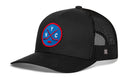 The Haka Hat New York Hockey Trucker Hat | NYC X Snapback features a black snapback design with a blue and red circular patch on the front, showcasing crossed hockey sticks, the NYC letters, and a hockey puck. With its black mesh back, this Haka Hat is the perfect choice for fans wanting to show off their New York city pride.