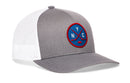 Show your New York hockey pride with the Haka Hat New York Hockey Trucker Hat | NYC X Snapback. This stylish gray and white mesh snapback features a blue and red circular patch on the front with crossed hockey sticks, a puck, and the letters N, Y, and C—making it the perfect NYC trucker hat for true fans.