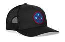 Show your love for New York hockey with the Haka Hat New York Hockey Trucker Hat | NYC X Snapback—a black mesh snapback trucker hat by Haka Hat, featuring a round blue patch on the front with red hockey sticks, a puck, and bold white “NYC” lettering.