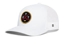 Introducing the Haka Hat Ottawa Hockey Trucker Hat | OTT X Snapback by Haka Hat—a white mesh baseball cap adorned with a black circular patch featuring two crossed red hockey sticks, bold OTT lettering, and a gold outline. This signature 5.0 trucker style includes a curved bill and side logo tag, making it the ultimate Ottawa hockey trucker hat for dedicated fans.
