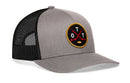 Introducing the Haka Hat Ottawa Hockey Trucker Hat | OTT X Snapback—a stylish gray and black mesh snapback from Haka Hat. Featuring a round patch with two crossed hockey sticks, a puck, and the letters “O T T” on the front, this comfortable hat is perfect for any Ottawa hockey fan looking to blend sporty style with everyday comfort.