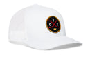 The Haka Hat Ottawa Hockey Trucker Hat | OTT X Snapback by Haka Hat is a white mesh-back snapback featuring the signature 5.0 trucker design and a round black patch with two crossed red hockey sticks, a gold outline, the letters T and O, and a small gold hockey puck at the bottom—making it the perfect Ottawa hockey trucker hat.
