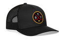 Introducing the Haka Hat Ottawa Hockey Trucker Hat | OTT X Snapback by Haka Hat—a black mesh trucker hat featuring a round embroidered patch with two crossed hockey sticks, the letters O, T, and T, and a hockey puck in gold, red, and white. This signature 5.0 trucker hat offers an adjustable snapback closure for a customizable fit.