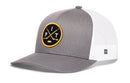 Show off your Pittsburgh hockey pride with the Haka Hat Pittsburgh Hockey Trucker Hat | PIT X Snapback by Haka Hat—a gray and white mesh snapback featuring a circular black and yellow patch with crossed hockey sticks and the letters “PIT” on the front, perfect for any fan.