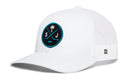 White Haka Hat San Jose Hockey Trucker Hat with a circular patch featuring crossed hockey sticks, a palm tree, and the letters S and J.