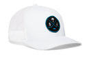 White Haka Hat San Jose Hockey Trucker Hat featuring a round patch with two crossed hockey sticks, a palm tree, a hockey puck, and the letters S and J.