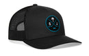 Black Haka Hat San Jose Hockey Trucker Hat | SJ X Snapback featuring a circular patch with crossed sticks, a palm tree, the letters S and J, and a hockey puck.