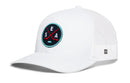 The Haka Hat Seattle Hockey Trucker Hat | SEA X Snapback by Haka Hat is a white trucker-style baseball cap featuring a circular patch on the front with crossed red oars, “SEA” lettering, and a teal outline. Designed for breathability, the snapback includes a mesh back and is finished with a small black-and-white tag on the side.