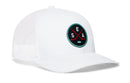 Introducing the Haka Hat Seattle Hockey Trucker Hat | SEA X Snapback by Haka Hat—a white mesh baseball cap adorned with a round SEA logo patch on the front, featuring two crossed red hockey sticks and teal accents. This signature 5.0 trucker snapback is the perfect choice for fans wanting to showcase their Seattle hockey pride in style.