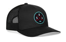The Haka Hat Seattle Hockey Trucker Hat | SEA X Snapback by Haka Hat is a black mesh trucker hat featuring a round patch on the front with crossed hockey sticks, the letters “SEA,” and a small hockey puck at the bottom. This signature 5.0 trucker includes an adjustable snapback closure for a perfect fit.