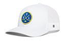 Show your love for St. Louis hockey with the Haka Hat St. Louis Hockey Trucker Hat | STL X Snapback by Haka Hat—a white mesh snapback trucker hat featuring a blue and yellow circular patch with crossed hockey sticks, a puck, and the letters S, T, and L.