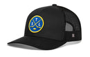 Introducing the Haka Hat St. Louis Hockey Trucker Hat | STL X Snapback by Haka Hat—a black mesh snapback trucker hat featuring a circular blue and yellow front patch with two crossed hockey sticks, a puck, and the letters S, T, and L. Perfect for any St. Louis hockey fan!.